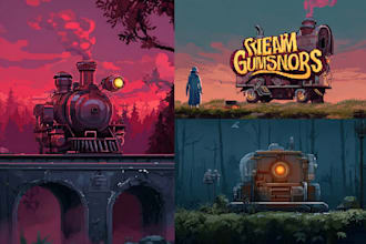 design steam capsule game concept art background, pixel art, steam logo artwork