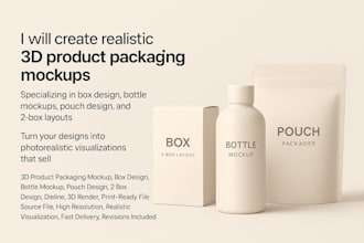create a realistic 3d product packaging mockup for box, bottle and pouch
