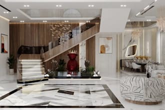 visualize luxury mansion,3d interior,modern staircase, artistic sculpture render