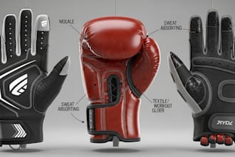 do custom 3d glove design, sport glove model, football and boxing glove render