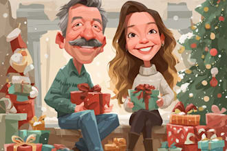 create a group christmas caricature, winter holiday art