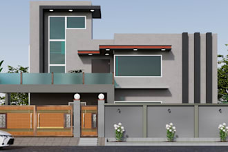 render 3d house elevation, villa facade design, landscape exterior, skp model