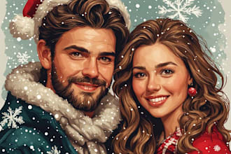 do custom christmas card single, couple portrait illustration