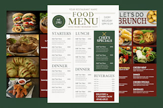 food flyer, party flyer and catering menu and logo