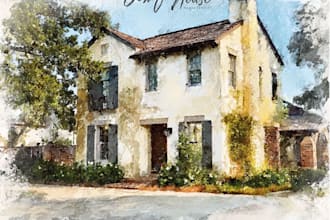 create house and building photo into watercolor art