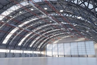 construct 3d aircraft warehouse, structural steel frameworks, internal rendering