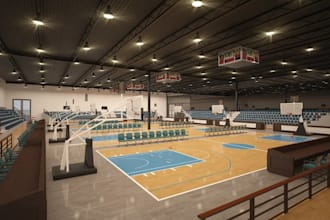 render 3d basketball court interior, sport hall, padel court, vr golf simulator