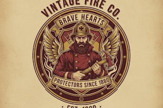 design a vintage firefighter logo with classic and heroic style