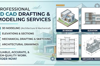 3d cad drafting elevations, mechanical sketch and modeling, sections, drawing