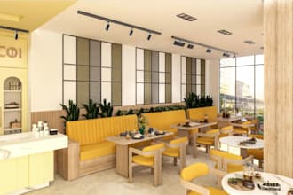 renew modern coffee shop,furniture layout, ceiling design,bakery interior render