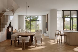 recreate 3d contemporary apartment style, furniture layout,wall panel,cgi render