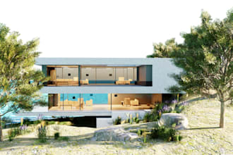 remodel luxury hill house,realistic 3d exterior rendering,landscape,villa,corona