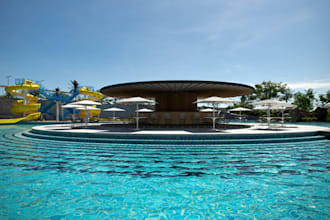 exhibit 3d commercial space,clubhouse render,resort exterior design,water slide