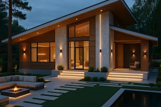 render luxury two story modern house, single story modern building cgi render