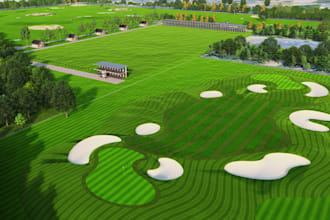 do 3d golf course design, mini golf field, golf club, golf cart park design