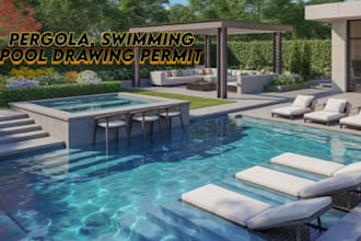 do pergola, swimming pool with 3d realistic landscape design for permit