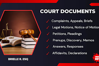 draft legal motions, complaints, appeals, briefs, prenups