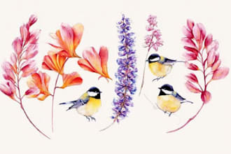 draw watercolor nature of birds and animals