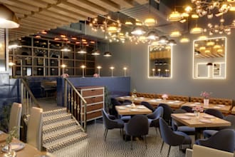 redesign modern restaurant, VIP bar space, furniture layout render, cgi interior