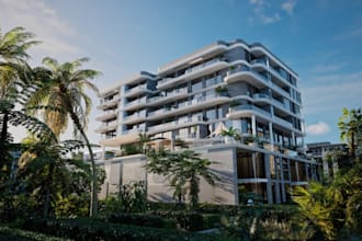 deliver detailed 3d renders for tropical hotel,pool,outdoor design,facade design