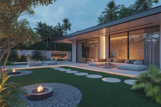 design backyard landscape, pool, gardn, patio and fire pit