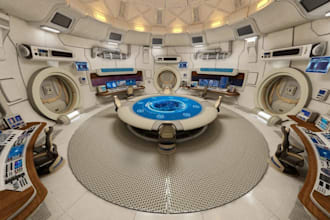 design spaceship command center, sci fi cockpit, cargo bays, lab props, core,skp