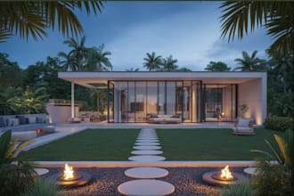design backyard, hardscape, pool, deck patio outdoor kitchen driveway render