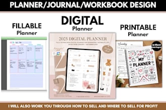 design digital planner in fillable form pdf and do printable journal design, KDP