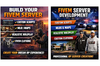 develop fivem server with custom scripts, mlos,  realistic roleplay, fivem cloth