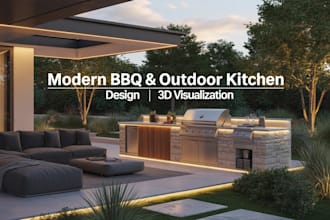 design a modern BBQ area and outdoor kitchen with 3d visualization