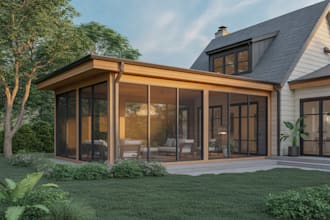 create a modern screened porch or sunroom design with detailed drawings