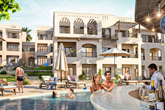 d5 render quality outdoor bay resort,4k 3d hotel suite,pool bar,restaurant area