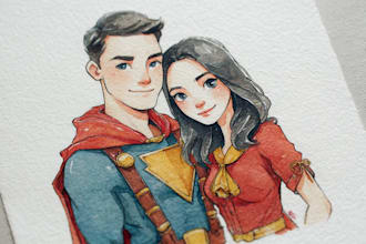 make watercolor super hero couple portrait