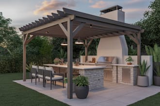 design outdoor BBQ area and backyard sitting space with detailed plans