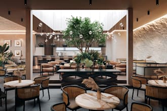 redesign restaurant interior layout,event hall,coffee shop,lounge,bar rendering