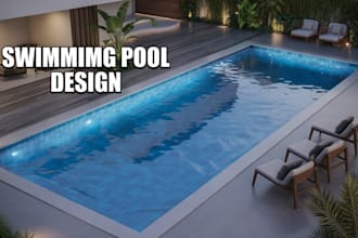 design a modern and clean swimming pool, garden, backyard ,patio and terrace