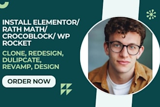 install wordpress, elementor pro, wp rocket, crocoblock, rath math pro, hello