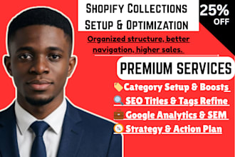 create optimize shopify collections, theme product seo banner design for sales