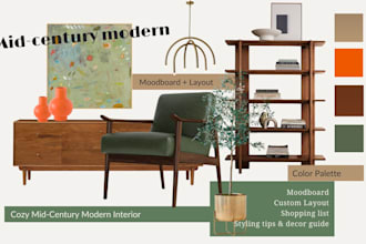 create a cozy mid century modern interior mood board and layout