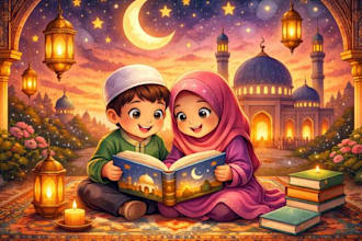 create beautiful islamic children story book illustrations