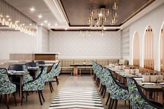 modern 3d restaurant design, coffee cafe rendering, cgi interior shop modeling