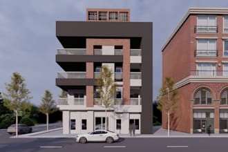 render 3d exterior brick house, real estate building, driveway, house elevation