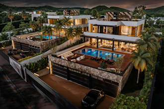 revamp 3d modern villa facade elevation,front house balcony decor,skp,cgi render