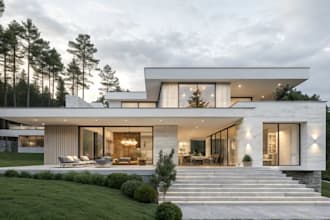 remodel luxury glass villa facade,exterior rendering,landscape,outdoor furniture