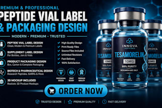 design peptide vial label, supplement label, product label with 3d mockup