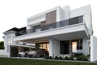 furnish luxury exterior villa,facade cgi rendering,car garage,rooftop furniture