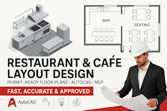 provide restaurant and cafe kitchen design, layout and permit ready floor plans