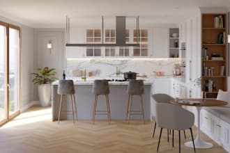redesign kitchen interior,cgi apartment render,furniture layout, pendant lighten