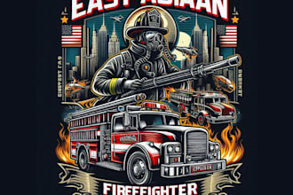 design retro fireman truck and firefighter logo