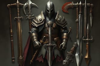 draw any medieval fantasy weapons, armors and items art
